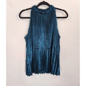 Nine West Top Women's Large Emerald Green Pleated Halter Neck Sleeveless Blouse
